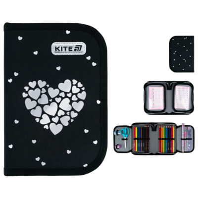 K26-622H-5 Пенал Kite 1 від., 2 відв., з наповненням 622H Black&Silver
